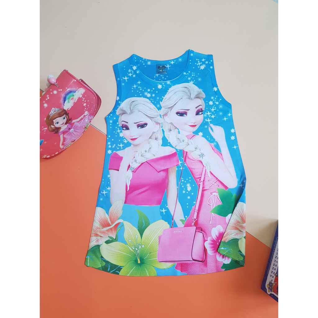 TE12-Đầm thun chữ A- in 3D hình công chúa Anna-Elsa-BUM SHOP