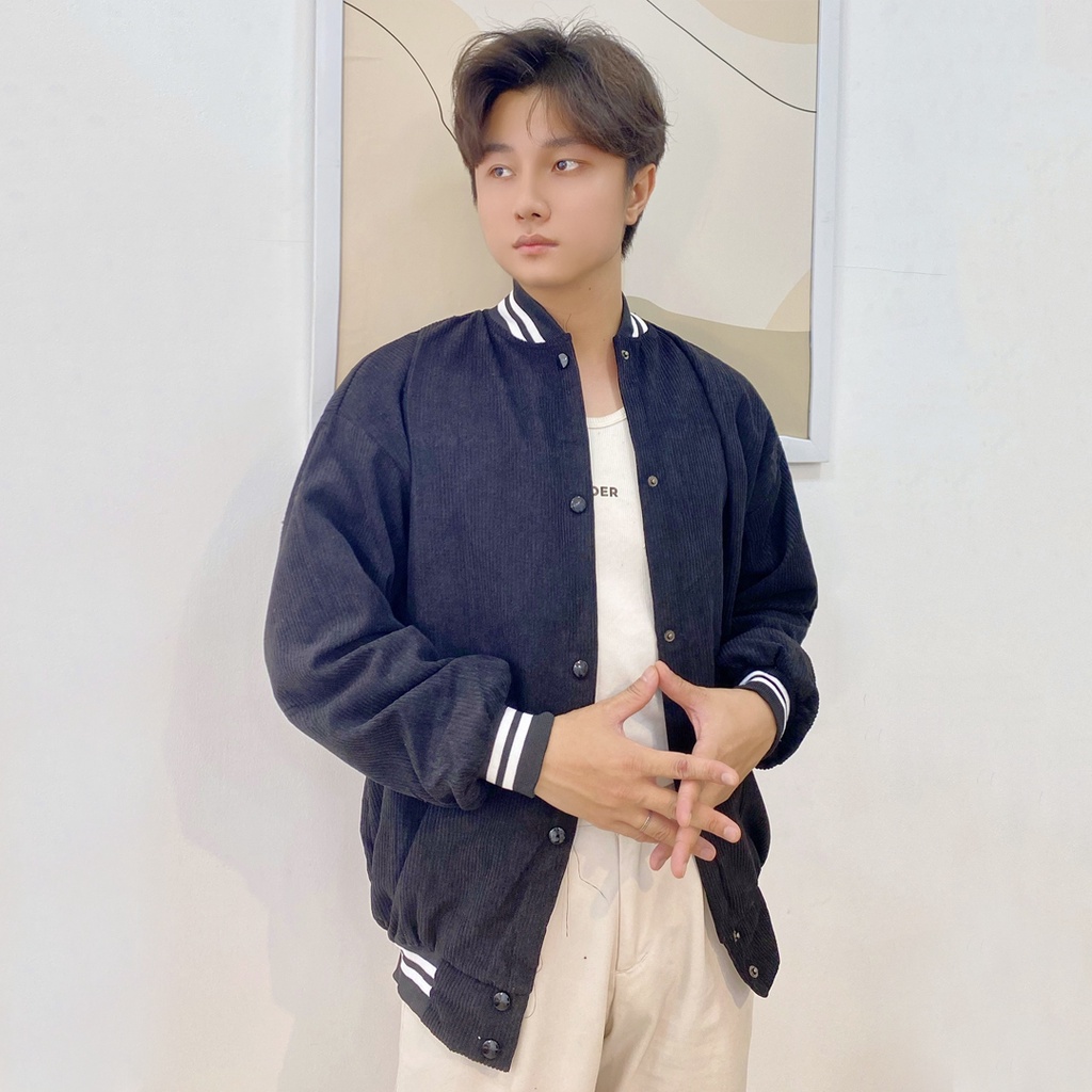 Áo khoác nam bomber nhung tăm nỉ đẹp 2 lớp form rộng bóng chày cao cấp M Fashion BB01