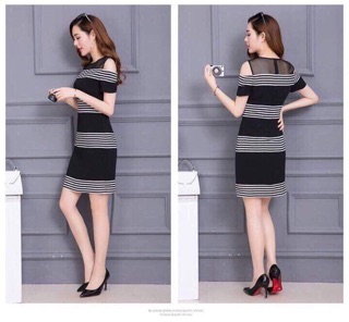  ĐẦM ÔM ĐEN PHỐI SỌC ĐÔ LƯỚI 
