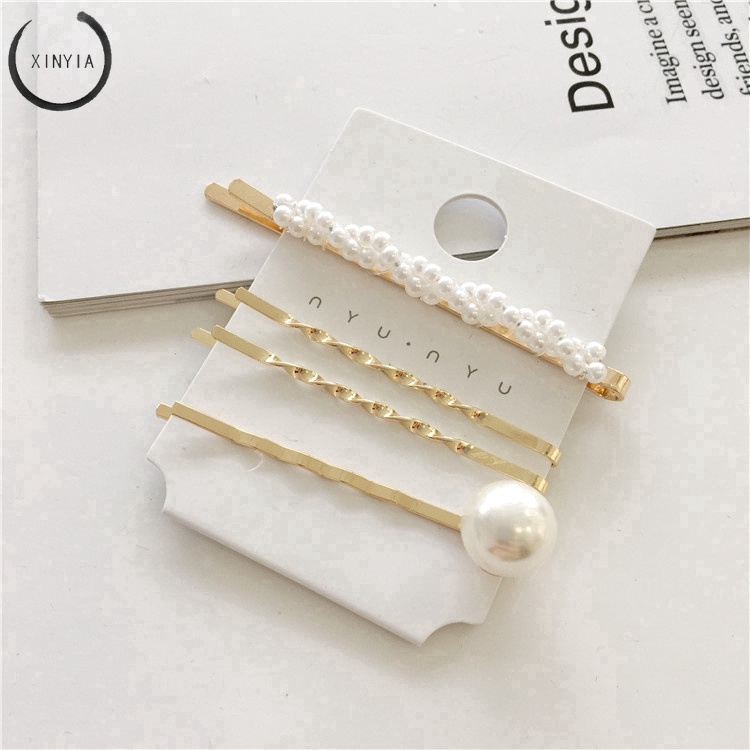 Kẹp tóc kim loại đính hạt giả ngọc trai phong cách Hàn Quốc