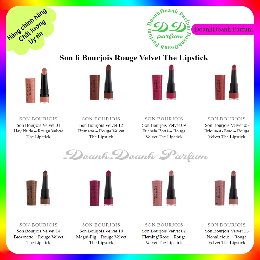 Son lì Bourjois Rouge Velvet The Lipstick màu số 01 / 03 / 04 / 05 / 06 / 07 / 08 / 09 /10 / 11 / 12 / 15