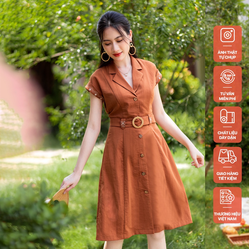 Váy cổ vest cổ hến tay cam CVT
