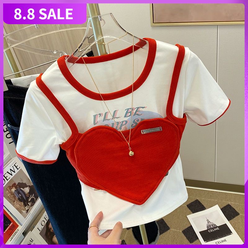 Designer red love two American blouses women's new summer cartoon printed fashion T-shirt in 2022