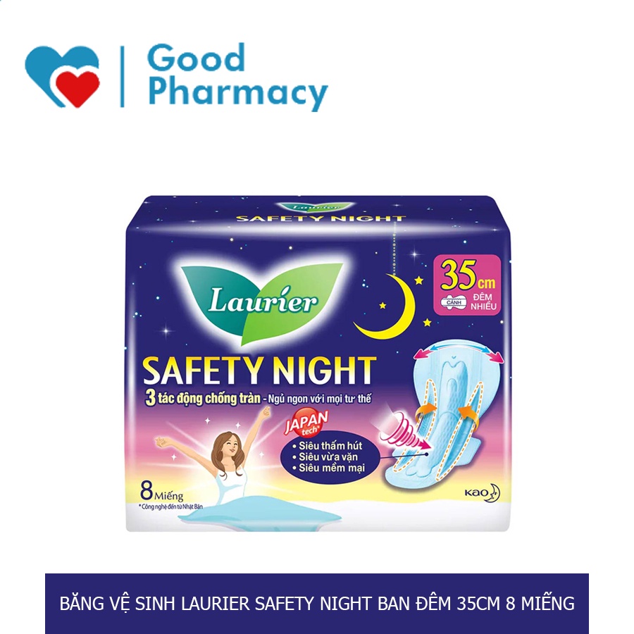 Băng vệ sinh Laurier Safety night 35cm có cánh dành cho đêm nhiều - Gói 8 miếng