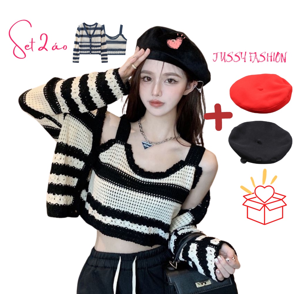 Set Áo Khoác Nữ Len Lưới Sọc Ngang Cá Tính Jussy Fashion Áo Cardigan Len Nữ Gồm Áo Khoác Ngoài Phối 2 Dây Bên Trong