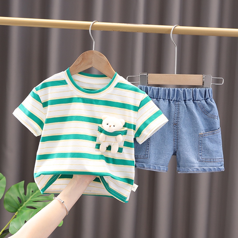 Set Đồ 2 Món Gồm Áo Thun Tay Ngắn Kẻ Sọc Và Quần Ngắn denim Thời Trang Cho Bé Trai 0-5 Tuổi