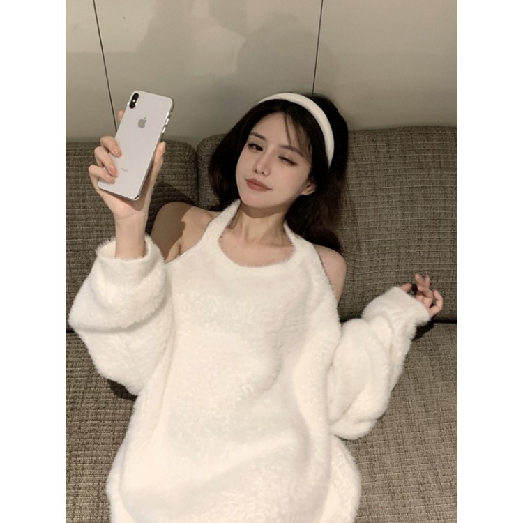 Áo len lông bông tay dài mặc 2 kiểu noel dây kéo dây yếm cổ trắng hở trễ vai lưng sexy form rộng giấu quần ulzzang