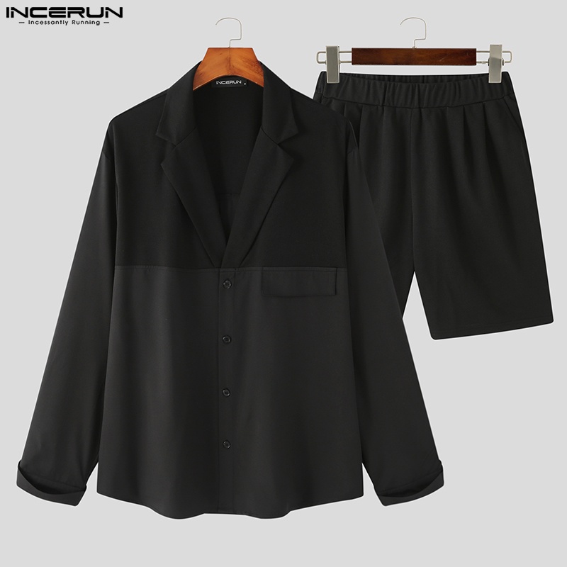 Bộ sơ mi dài tay + quần short INCERUN màu trơn thời trang mùa thu cho nam