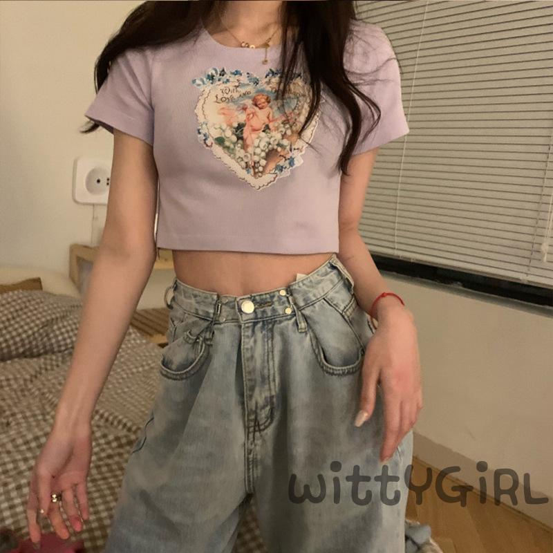 Áo Thun Crop Top Tay Ngắn Cổ Tròn In Hình Thiên Thần Thời Trang Cho Nữ