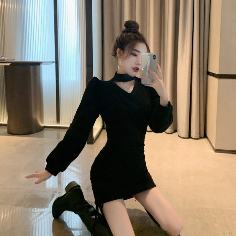 Đầm ôm tay dài màu sắc cổ điển phong cách thời trang Hàn Quốc cho nữ