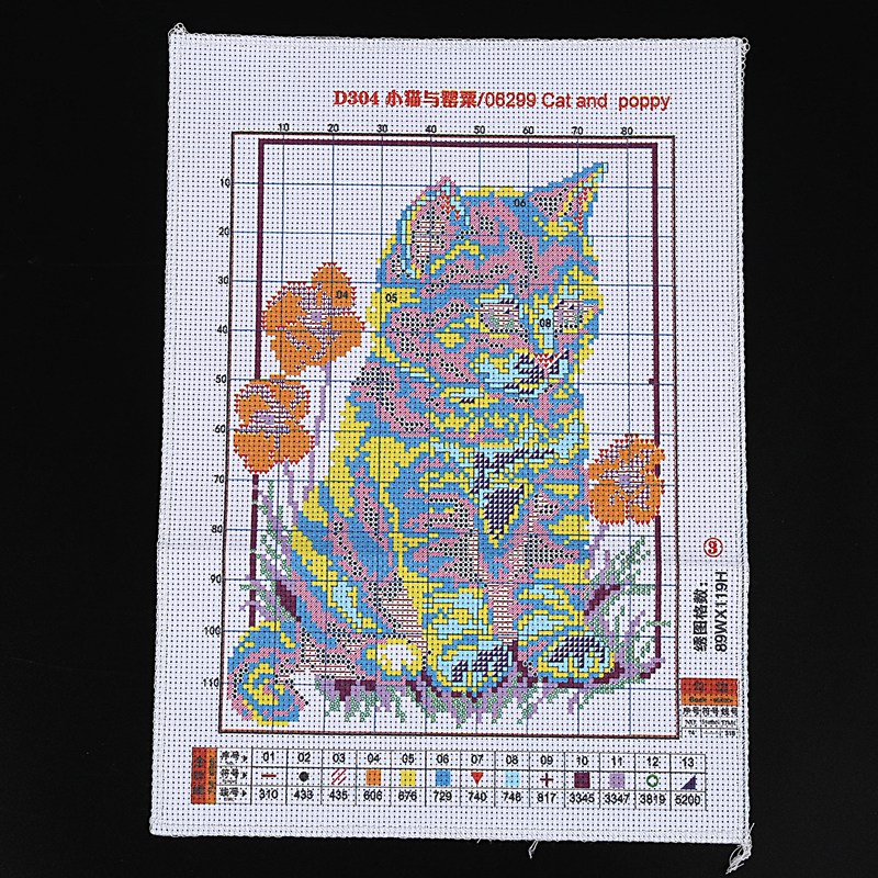 Mới Bộ Tranh Thêu Chữ Thập 14ct 21x29cm Hình Mèo Và Hoa Anh Túc