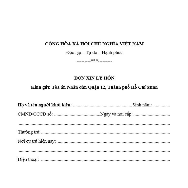 Mẫu đơn ly hôn quận 12 + Hướng dẫn soạn thảo đơn chuẩn nhất