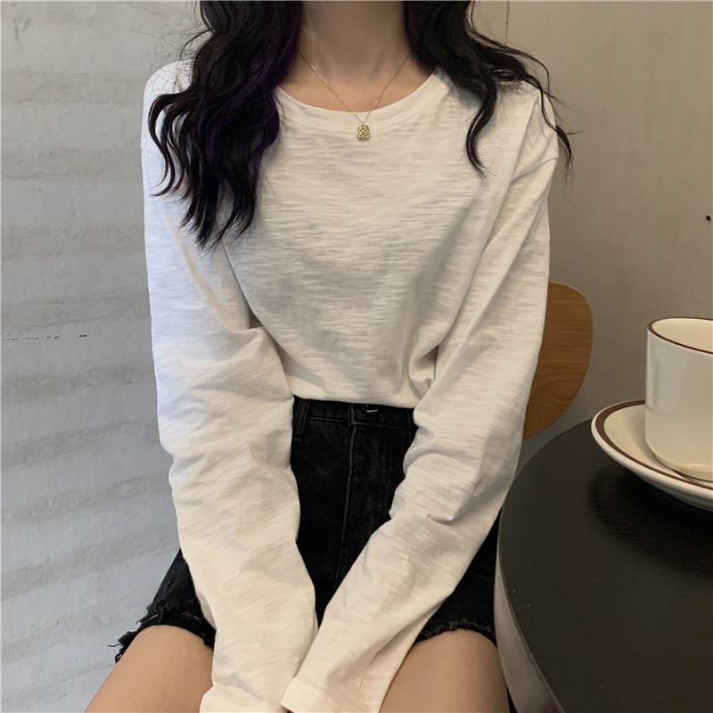 Áo Thun Cotton Tay Dài Dáng Rộng Màu Sắc Đơn Giản 53970