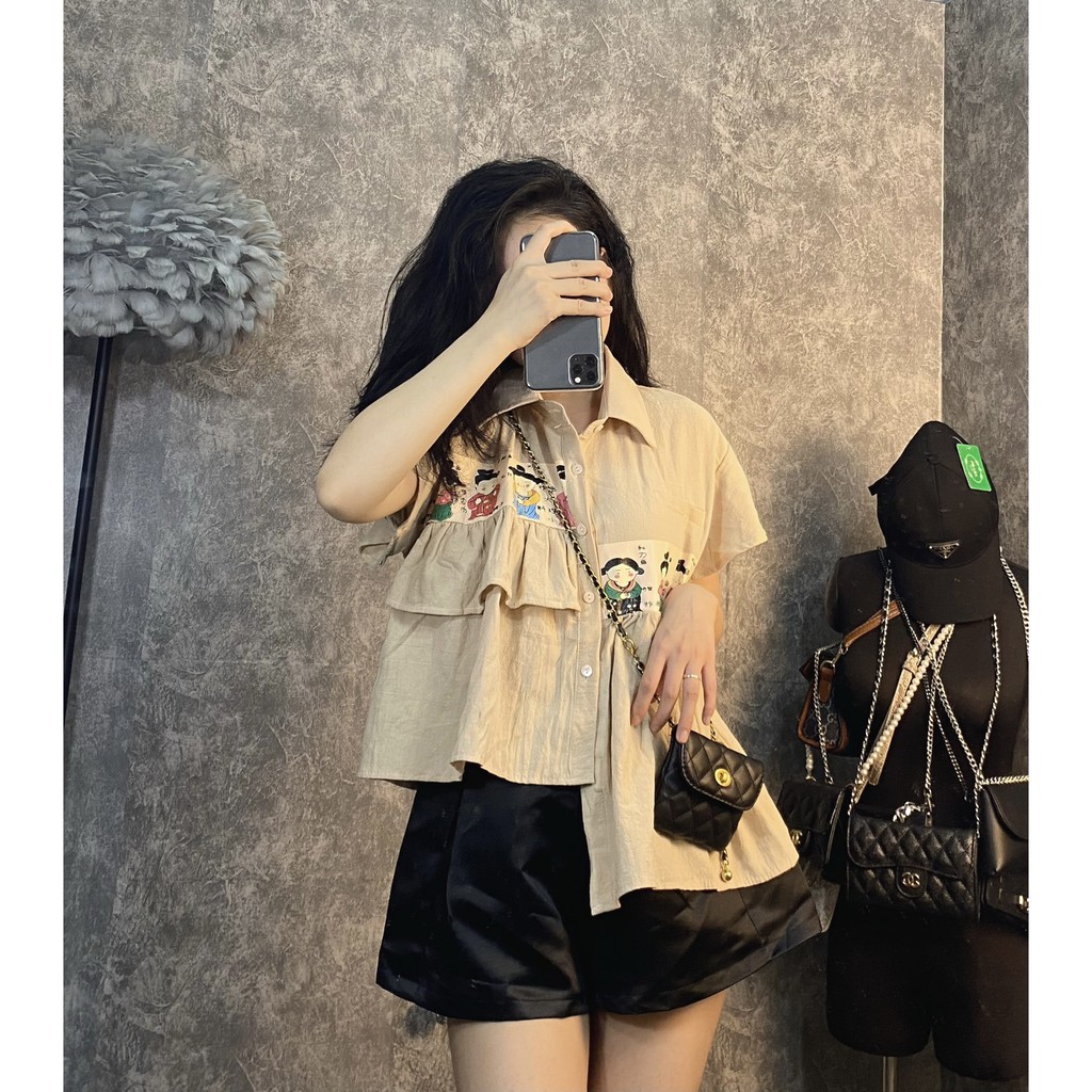 [Ảnh Thật] Áo Sơ-mi Vạt Lệch In Phối Hình Cô Gái Siêu Cưng