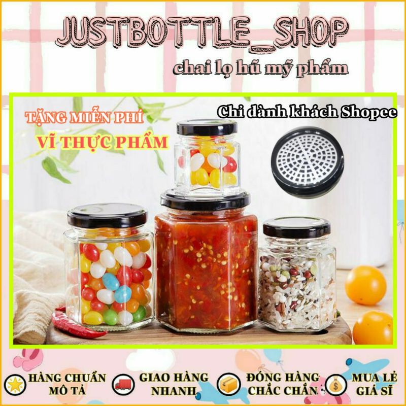 HŨ THỦY TINH LỤC GIÁC nắp thiếc màu vàng đen 100ml 200ml 280ml 380ml 500ml 730ml bảo quản thực phẩm gia vị lớn nhỏ