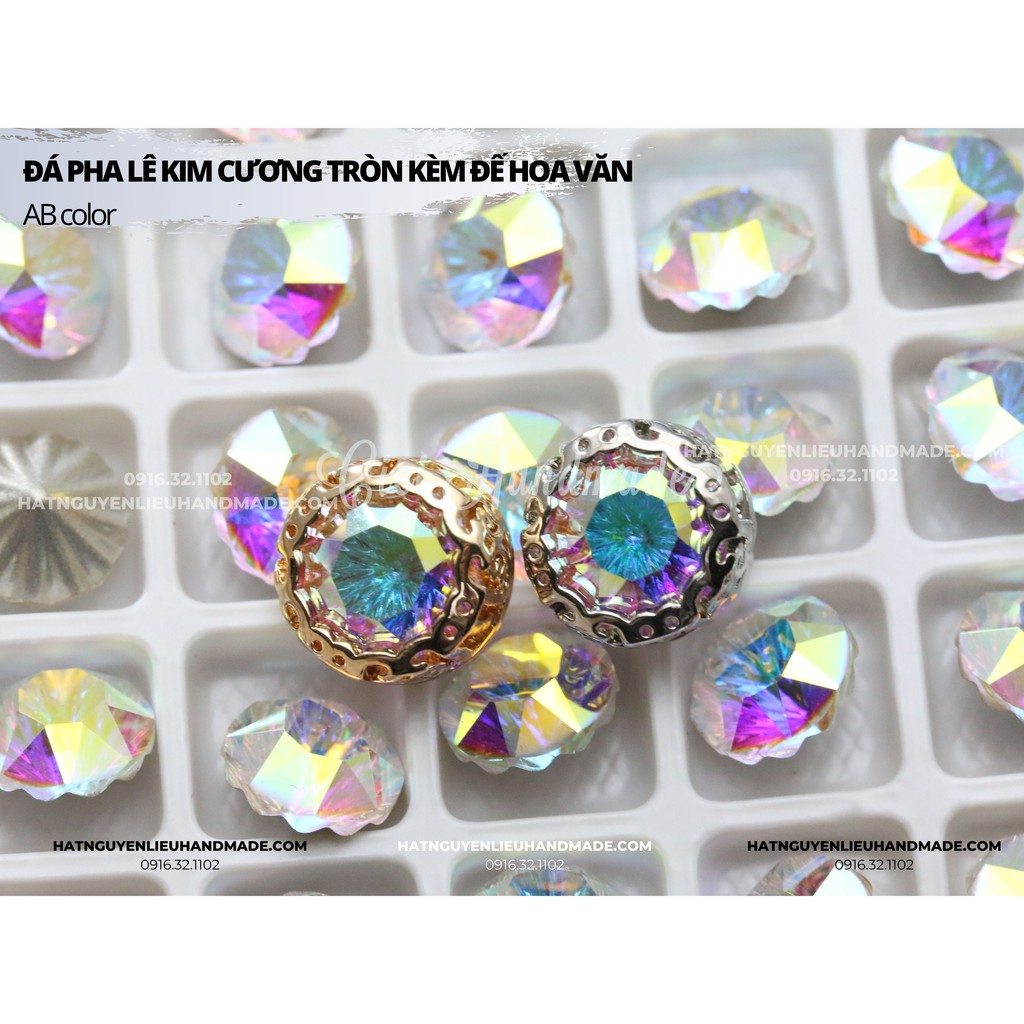 Đá pha lê kim cương tròn chóp nhọn có đế hoa văn cao cấp 10mm