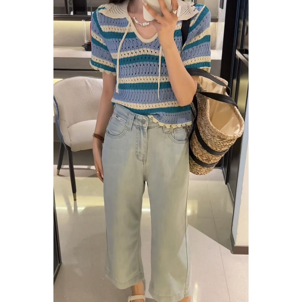 ZHELIHANGFEI Áo Sweater Dệt Kim Cổ Bẻ Cột Dây Màu Sắc Ngọt Ngào Phong Cách Pháp