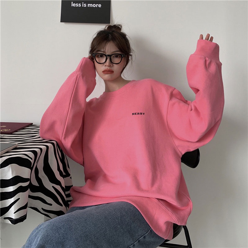 Xin LAN YA SHE Áo Sweater Tay Dài Dáng Rộng In Chữ Đơn Giản Màu Kẹo Phiên Bản Hàn Quốc Cho Nữ Có Size Lớn