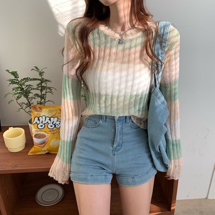 Áo sweater Mỏng Cổ Tròn Mềm Mại Phối Màu Tương Phản Phong Cách Hàn Quốc Thời Trang Xuân Thu Cho Nữ