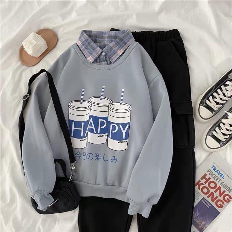 Áo Sweater nỉ bông phối cổ sơ mi - in hình ly trà sữa🤞 Áo nỉ nữ form rộng Freesize có ảnh thật