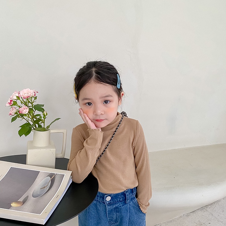 Áo Ren Cổ Cao Tay Dài Mềm Mại Phong Cách Hàn Quốc Cho Bé Gái