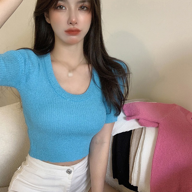 Áo Thun Dệt Kim Tay Ngắn Cổ Tròn Màu Sắc Trơn Phong Cách Hàn Quốc Dành Cho Nữ