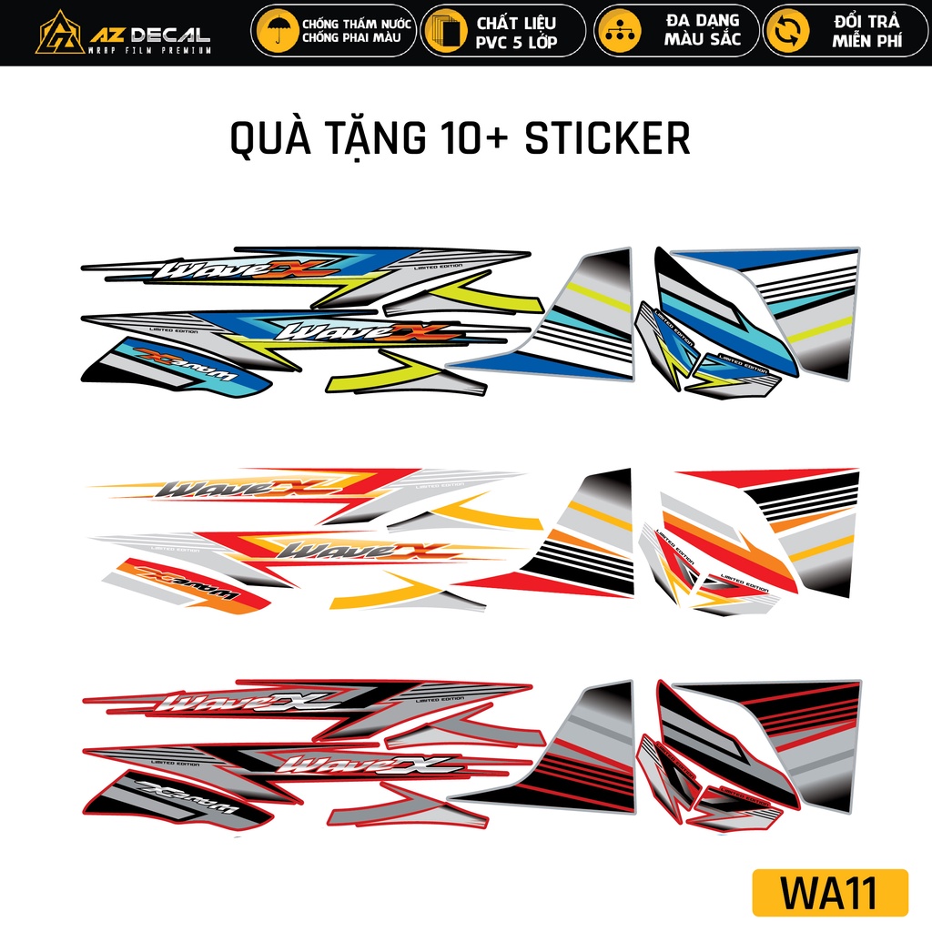 Tem Wave Chữ X Phối Màu Cực Đẹp | WA11 | Tem Rời Cắt Khuôn Sẵn, Chống Thấm Nước - Dành Cho Xe Wave 2006 - 2021