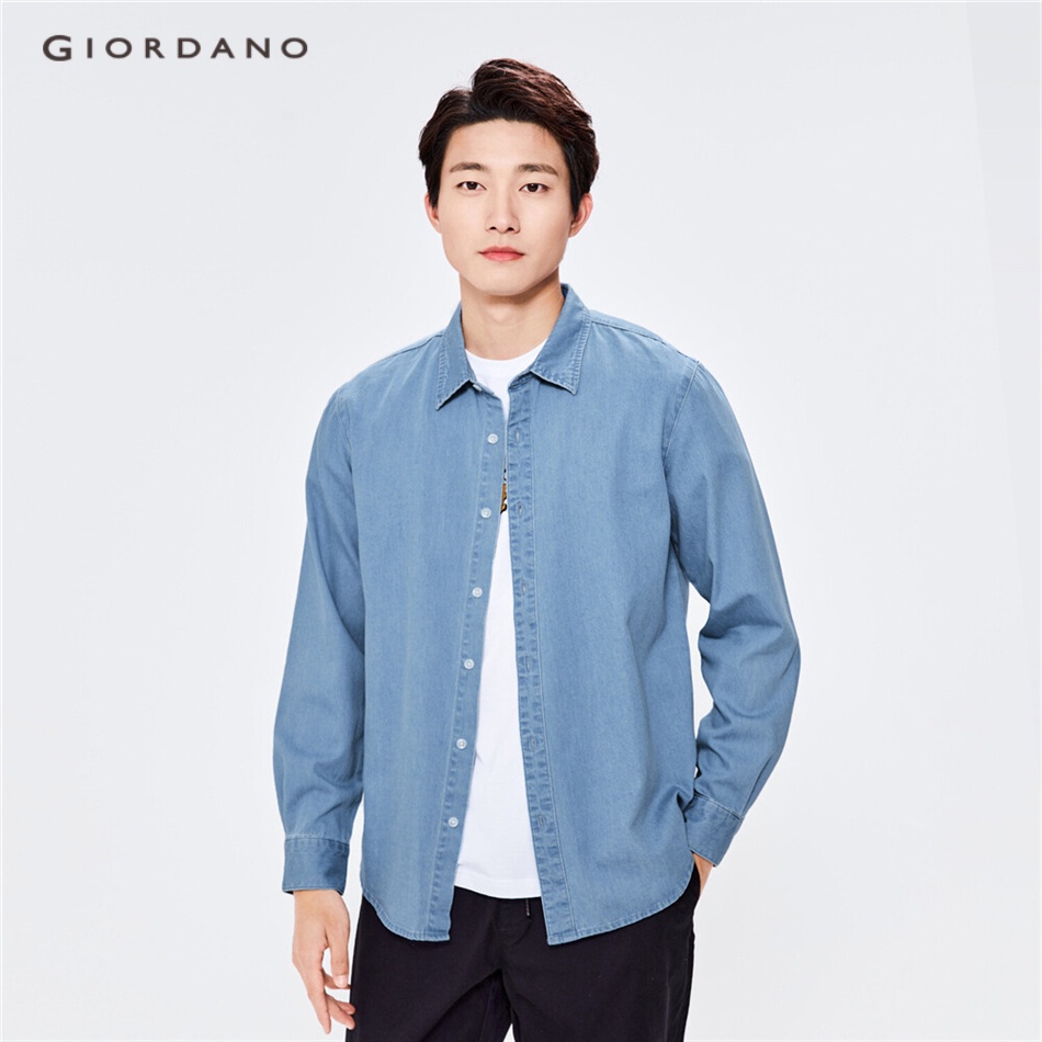 Áo sơ mi denim GIORDANO 13042882 dài tay đã được giặt sạch thời trang thường ngày cho nam