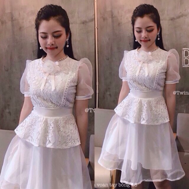 🍒Đầm dự tiệc trắng ren phối lưới xoè tầng S.Free