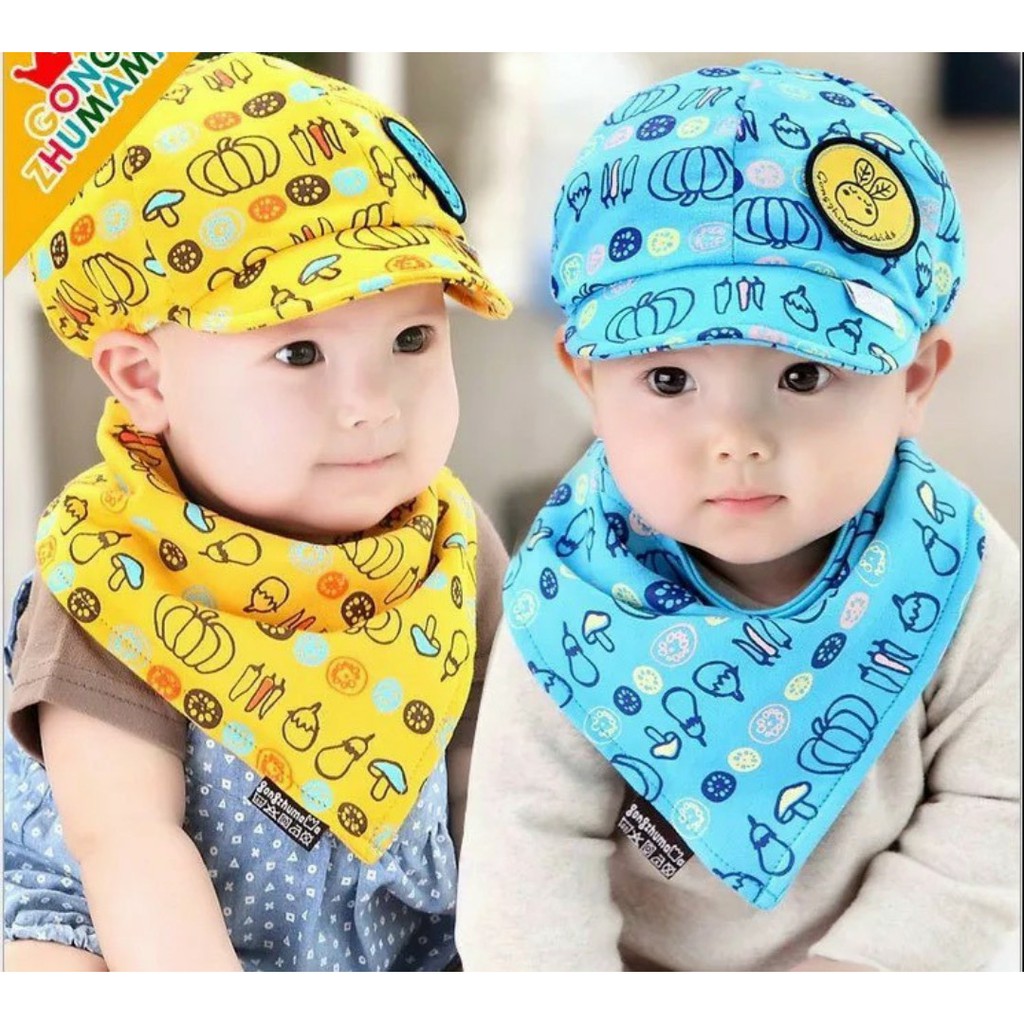 (Bán Buôn Sỉ) Set mũ lưỡi trai kèm yếm cotton cho bé T2
