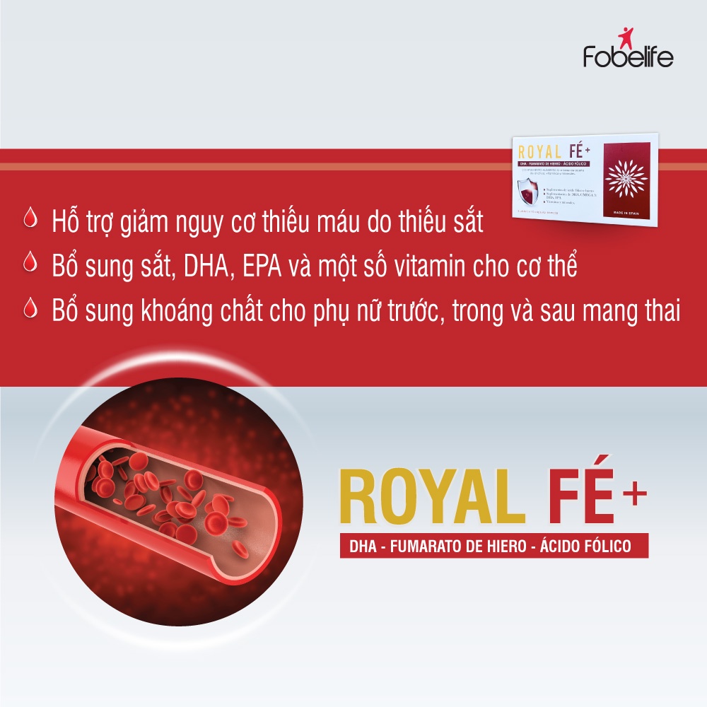 Viên Uống Bổ Sung Sắt DHA Vitamin Khoáng Chất ROYAL FE+ (TÂY BAN NHA) - Hộp 30 viên