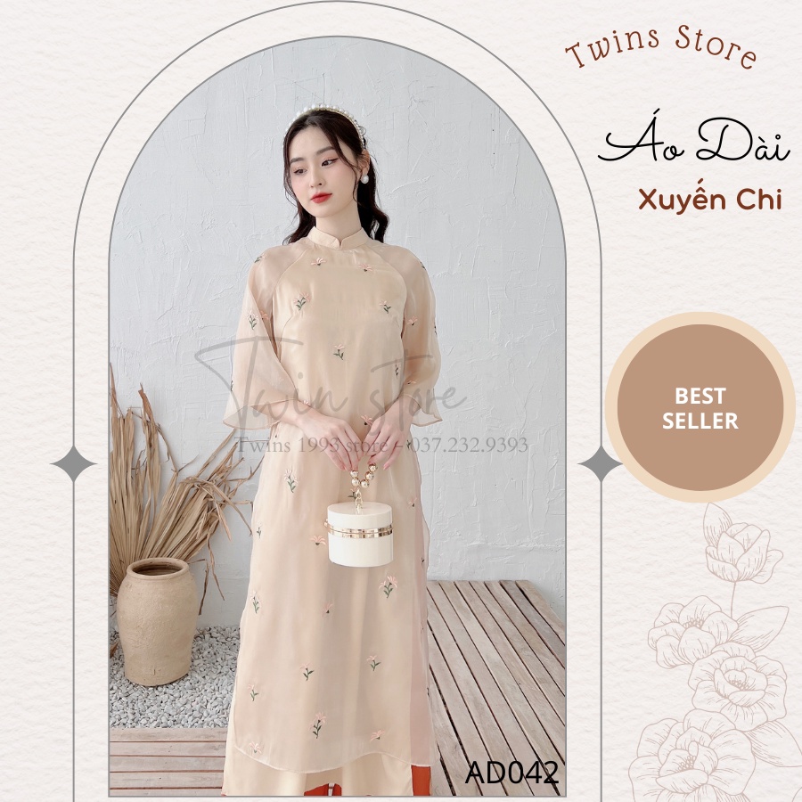 Áo dài dáng suông kèm quần TWINS STORE chất oganza, thêu tay cao cấp - AD042