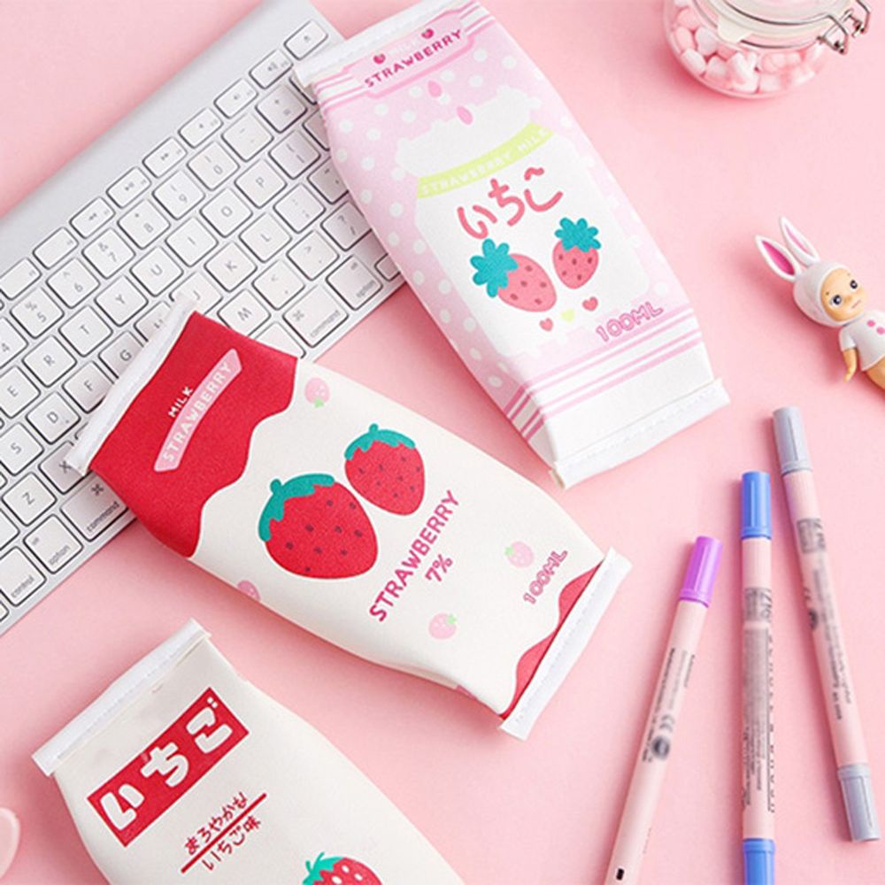 Túi đựng bút bằng da PU hình hộp sữa dâu chống nước sáng tạo