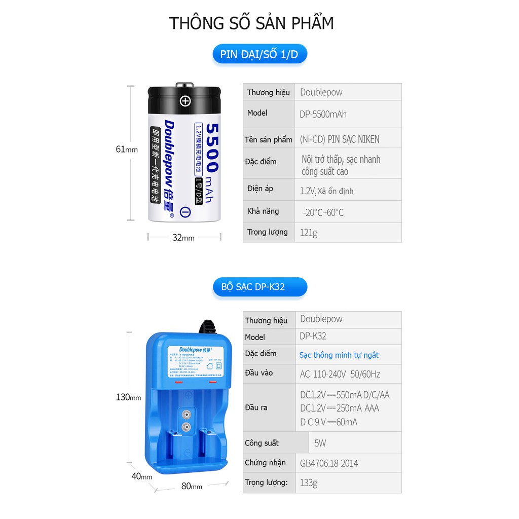 Combo Bộ sạc pin DP-K32 AA/AAA/C/D đa năng thông minh tự ngắt và 02 viên pin đại (size D) 5500mAh chính hãng Doublepow