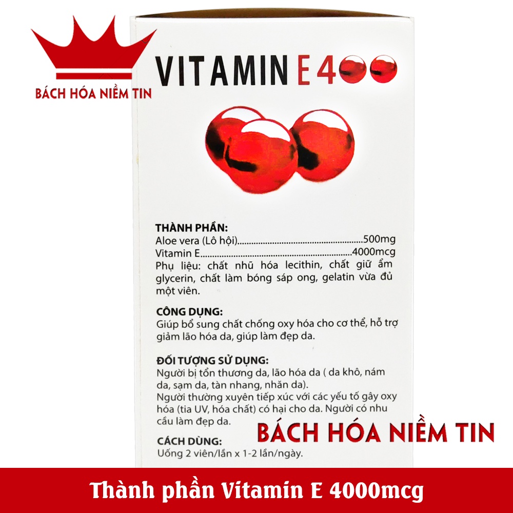 Viên Uống Đẹp Da Vitamin E đỏ 4000mcg, Aloe vera 500mg Giúp sáng mịn da, chống lão hóa - Hàng chính hãng