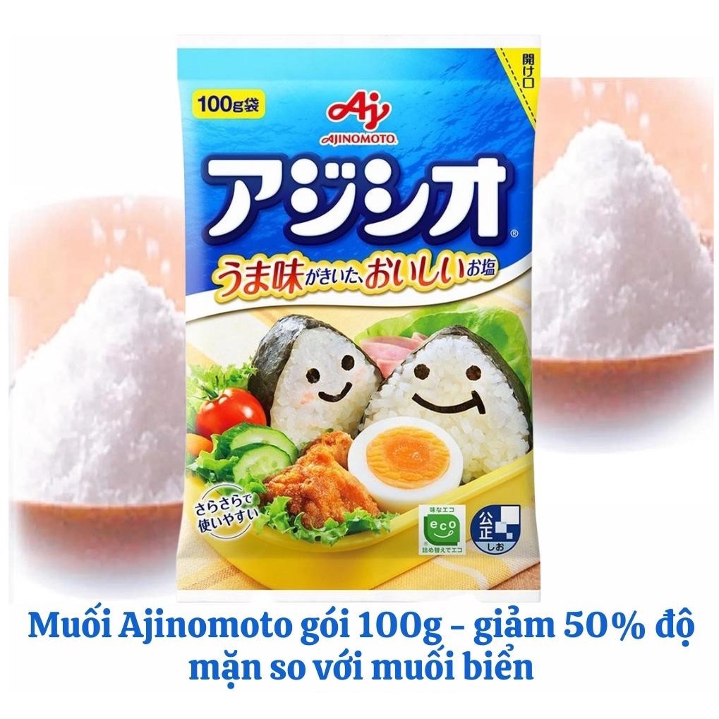 Muối Umami Ajinomoto 100g giảm 50% độ mặn so với muối biến, dùng được cho bé ăn dặm hoặc rắc cơm nắm