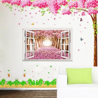 Decal dán tường hoa anh đào v cửa sổ