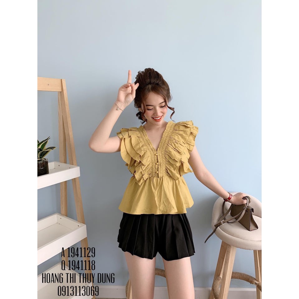 Áo voan tay tai thỏ bo nhún có nút trước ngực phối bèo tay cực xinh TTKX0219