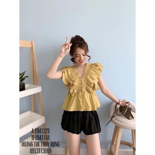 Áo voan tay tai thỏ bo nhún có nút trước ngực phối bèo tay cực xinh TTKX0219