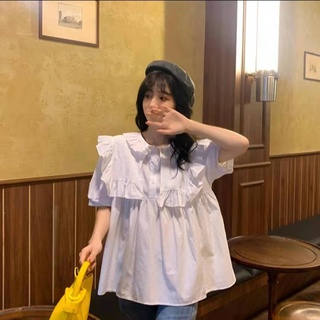 Áo kiểu tay ngắn dáng rộng nhún bèo thiết kế xinh xắn thời trang dành cho nữ