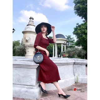 váy midi đỏ cổ vuông tay bồng
