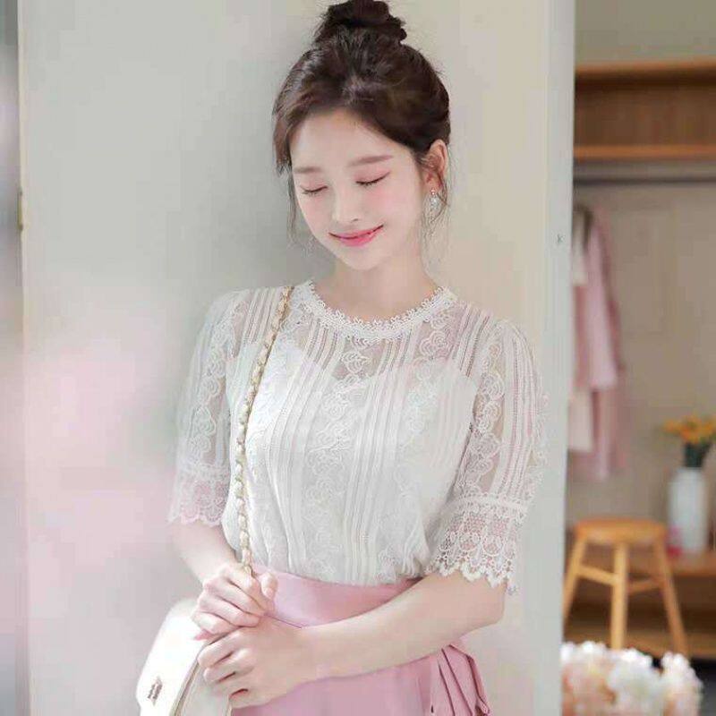 Áo Sơ Mi Tay Ngắn Phối Ren Màu Trắng Thanh Lịch Thời Trang Mùa Hè Dành Cho Nữ