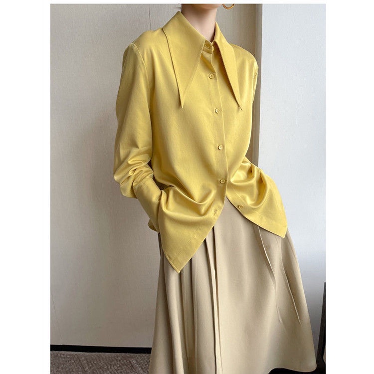 Áo sơ mi voan cổ lật thời trang mùa thu đơn giản thanh lịch cho nữ