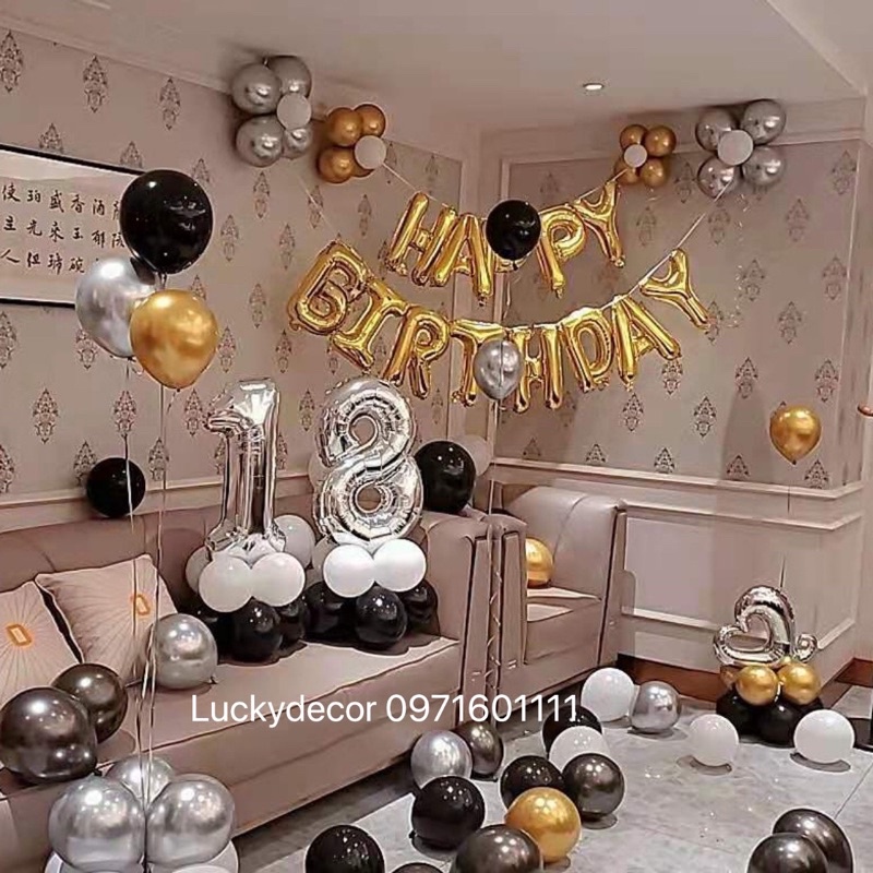 {Tặng bơm tay + keo dán} Set bóng bay trang trí sinh nhật tông bạc, vàng KK90