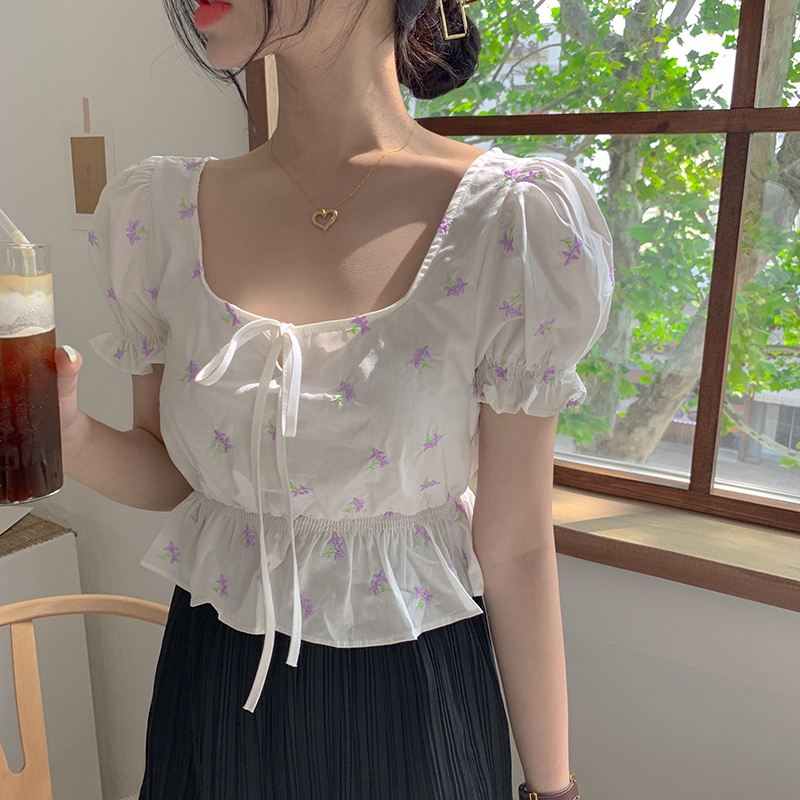 SUXI Áo Sơ Mi Tay Phồng Thêu Hoa Xinh Xắn Cho Nữ