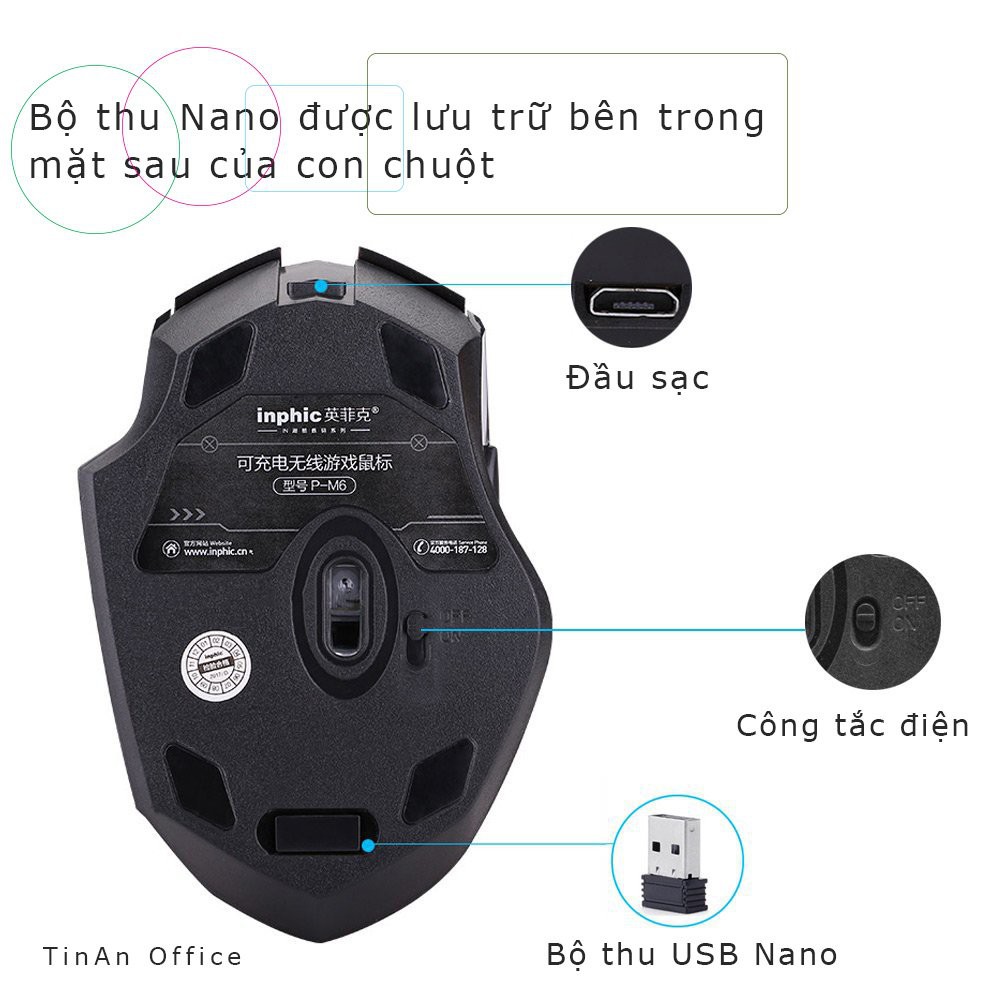 [2.4G+Bluetooth] Chuột Sạc Inphic Không Dây PM6 2,4 GHz/Bluetooth  Điều Chỉnh DPI 2000, Sử Dụng Chơi Game, Văn Phòng