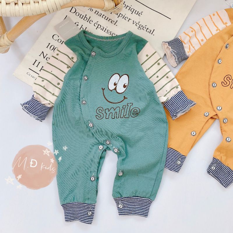 Body Dài Tay Sơ Sinh Vải Cotton, Hình Mặt Smile Cho Bé 3-9kg