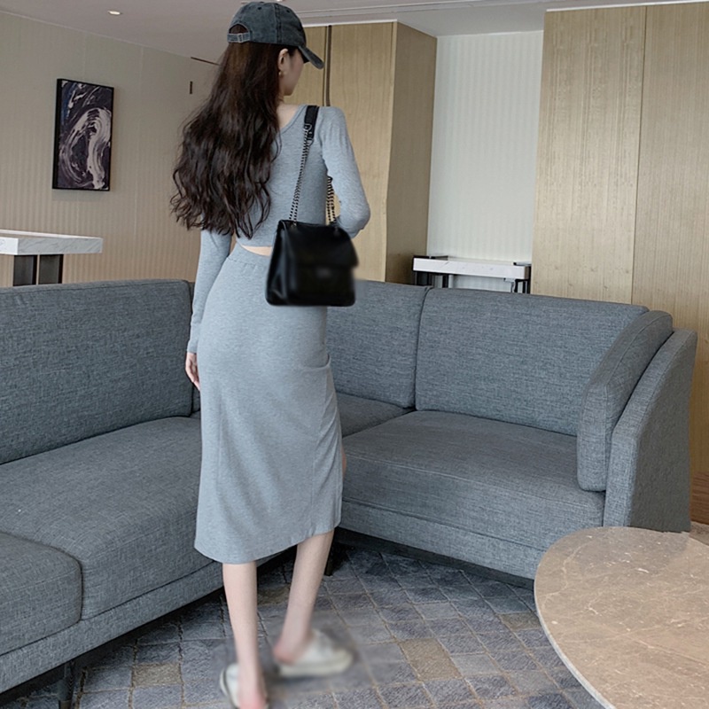Set Áo Croptop Tay Dài + Chân Váy Xẻ Tà Lưng Cao Màu Sắc Đơn Giản Trẻ Trung