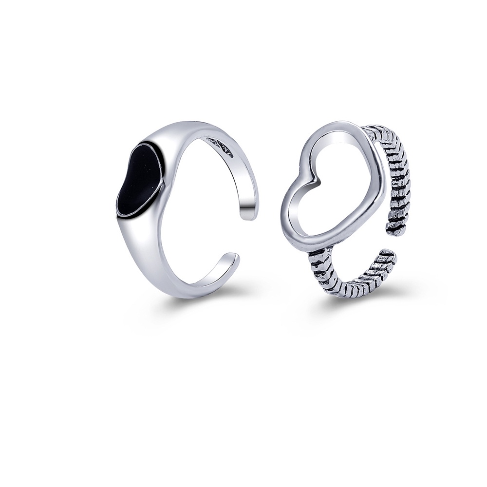 Set 2 Nhẫn Hở Mạ Bạc Hình Trái Tim Phong Cách Cổ Điển Màu Đen Có Thể Điều Chỉnh Làm Quà Tặng Cho Nữ