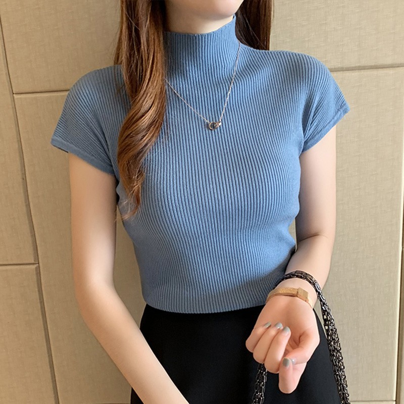 Áo Dệt Kim Tay Ngắn Cổ Lọ Màu Trơn Thời Trang Cho Nữ